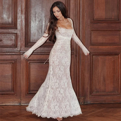 VALERIA - ROBE LONGUE EN DENTELLE AVEC CORDON ET CHÂLE