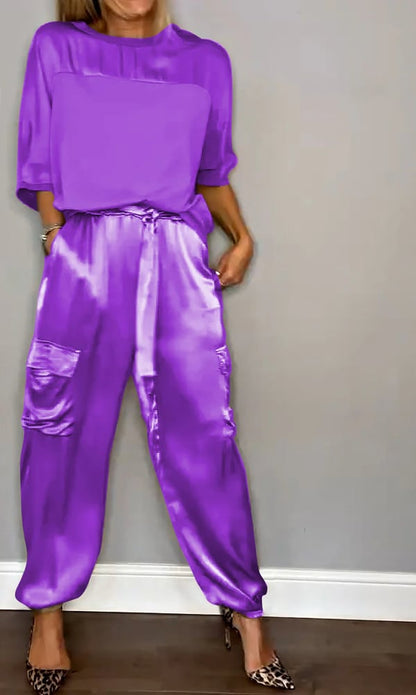 VALENTINA - ROBE EN SATIN AVEC PANTALON À DEMI-MANCHES