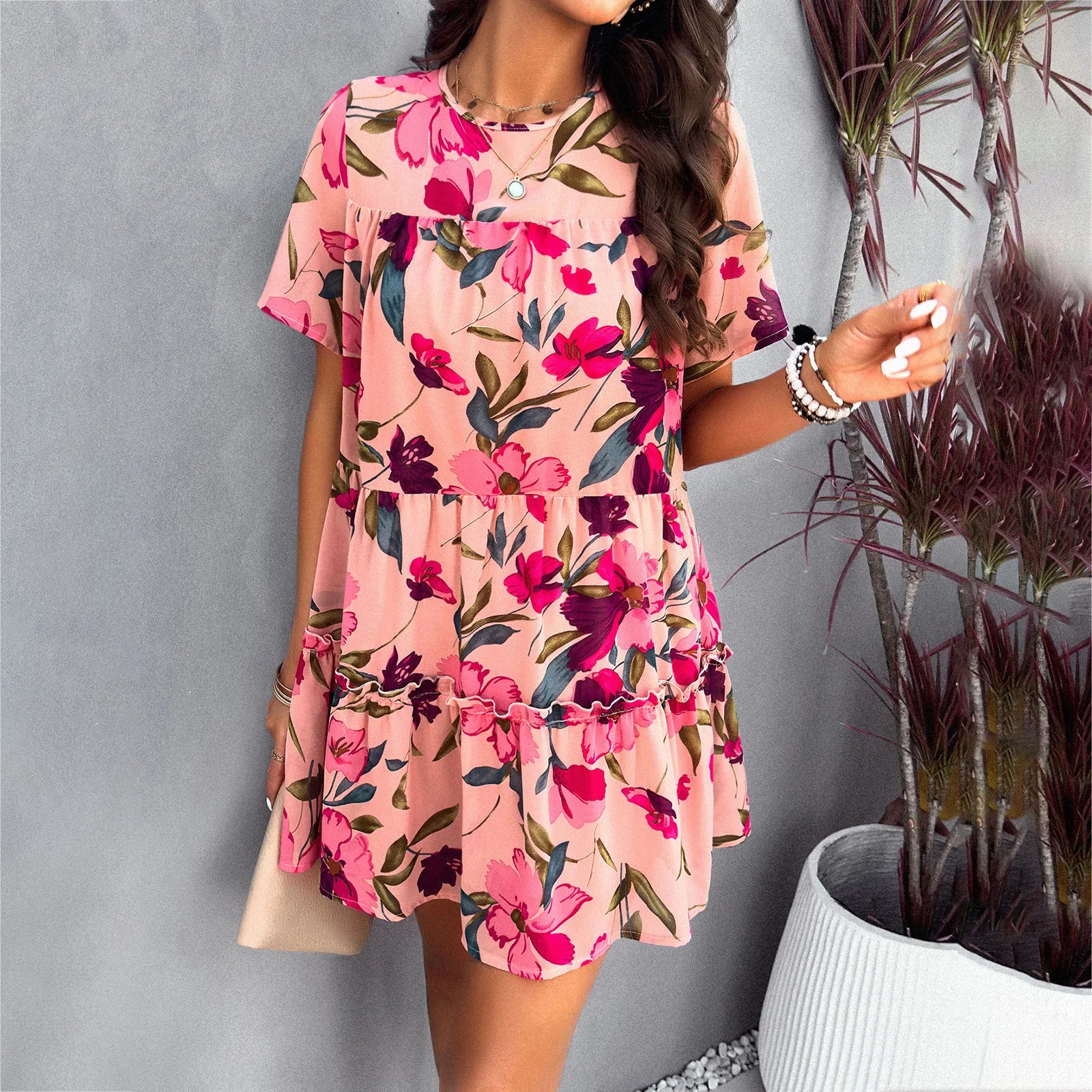 FLORE- ROBE À IMPRIMÉ FLORAL AVEC MANCHES COURTES ET VOLANTS